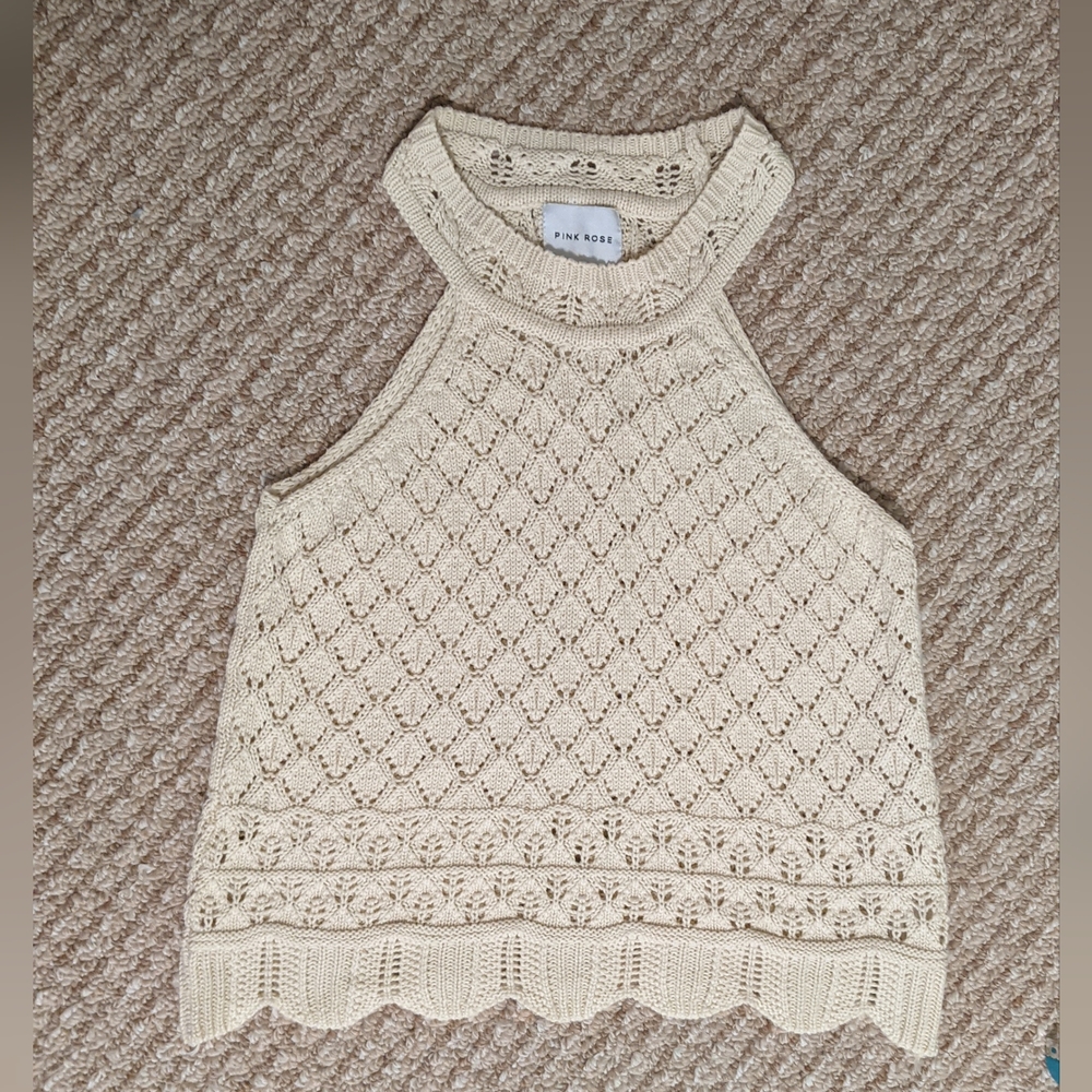 Pink Rose Cream Crochet Halter Top